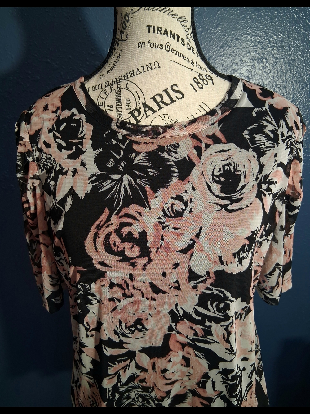 Women's Black Floral Short Sleeve Top - Pink Rose Print